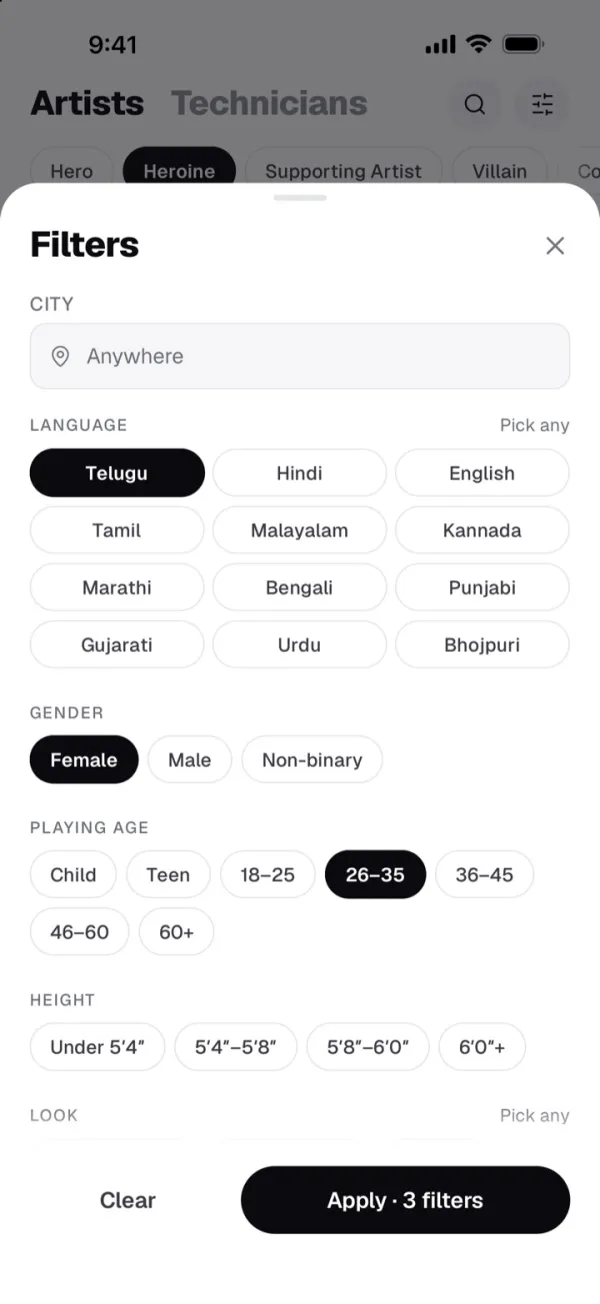 Filters for city, language, age and height